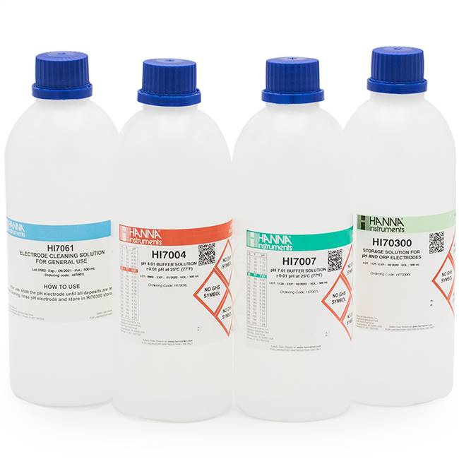 General pH Calibration Bundle, pH 4 & 7, Cleaning Solution, Electrode Storage Solution <b>(Bottles - 500 mL each)</b>