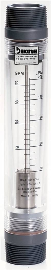 High Volume Acrylic In-Line Flow Meter with 316 Stainless Steel Guide Rods, PVC Connector, No Valve - Water