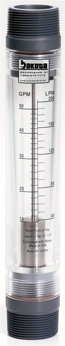 High Volume Acrylic In-Line Flow Meter with 316 Stainless Steel Guide Rods, PVC Connector, No Valve - Water