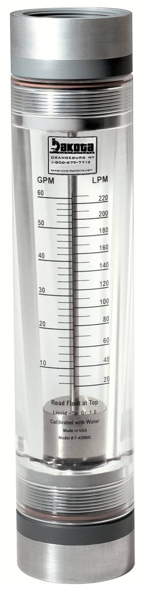 High Capacity Acrylic In-Line Flow Meter with 316 Stainless Steel Guide Rod, PVC Connector, No Valve - Water